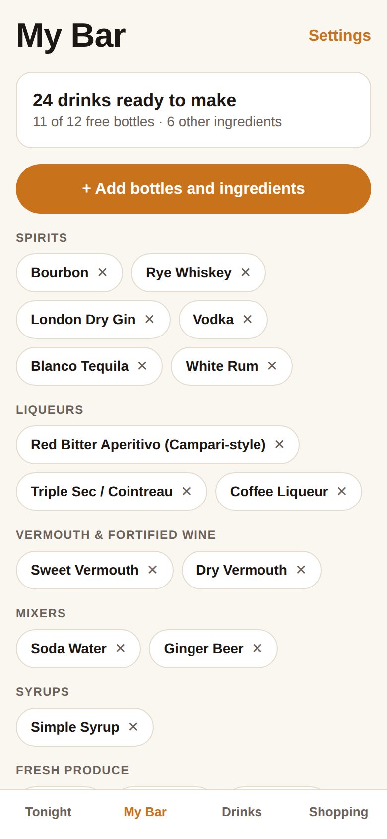 My Bar screen with bottles